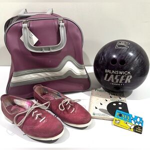 Vtg BRUNSWICK Pink Bowling Ball (14 Lbs), Bag, Shoes Size 6, Instructions- 1991